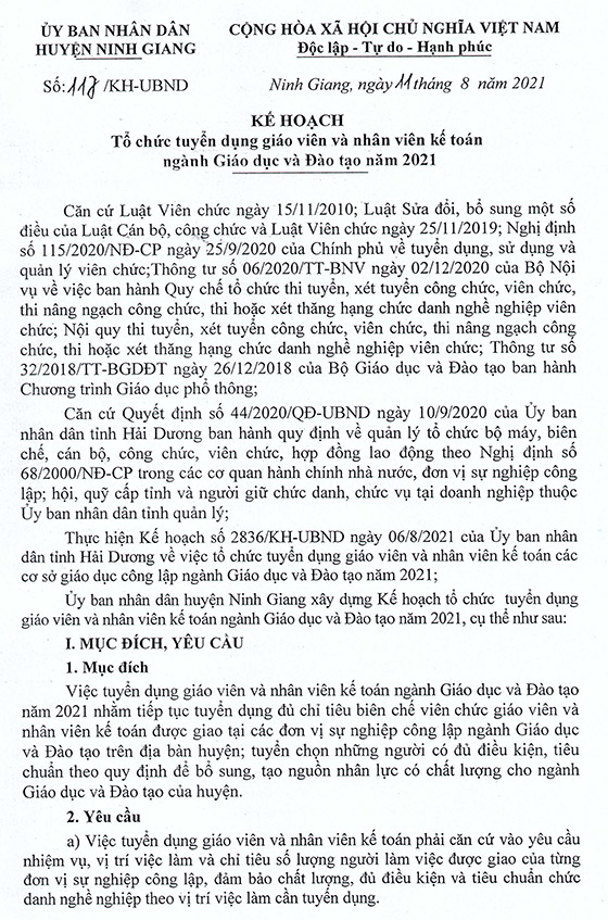 UBND huyện Ninh Giang, Hải Dương ban hành Kế hoạch tuyển dụng giáo viên và NVKT năm 2021