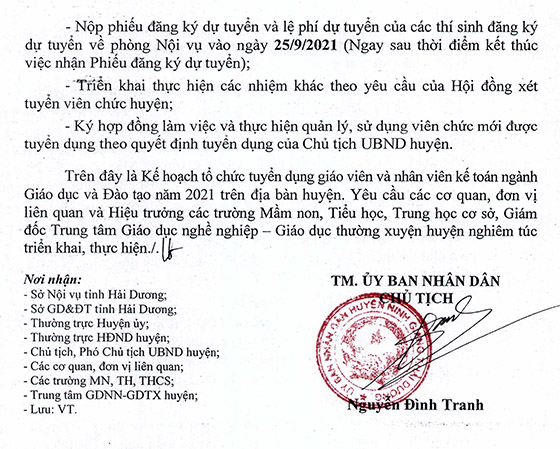 UBND huyện Ninh Giang, Hải Dương ban hành Kế hoạch tuyển dụng giáo viên và NVKT năm 2021