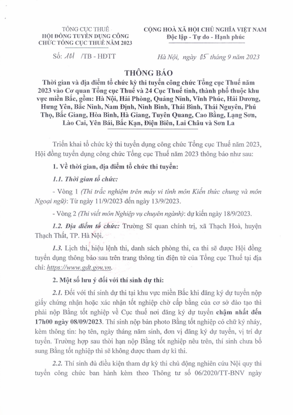 Thông báo Thời gian và địa điểm tổ chức thi tuyển công chức Tổng cục Thuế miền Bắc năm 2023 - Trang 1