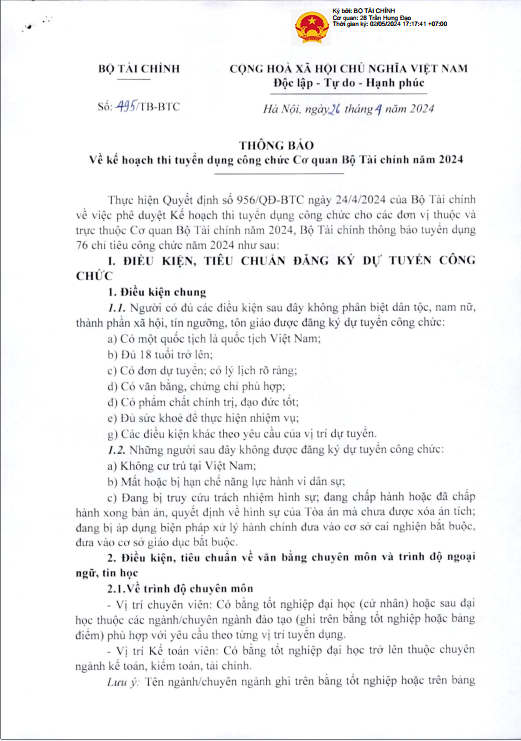 Cơ quan Bộ Tài chính ra thông báo tuyển dụng công chức năm 2024 trang 1 