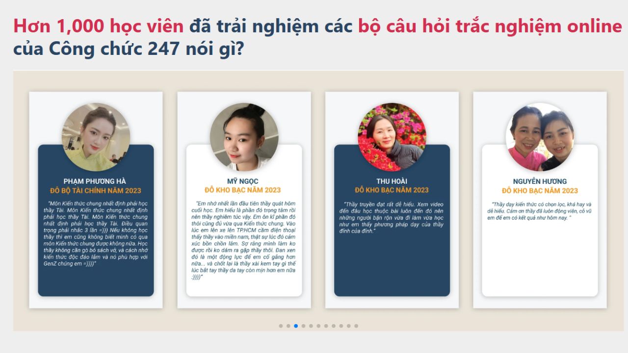 Đánh giá của học viên về bộ câu hỏi trắc nghiệm của Công chức 247