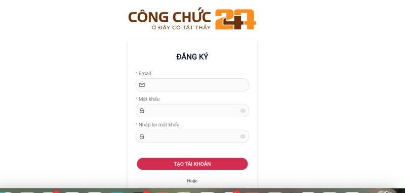 Giao diện đăng ký để tạo tài khoản luyện thi của kiemdinhcongchuc.vn