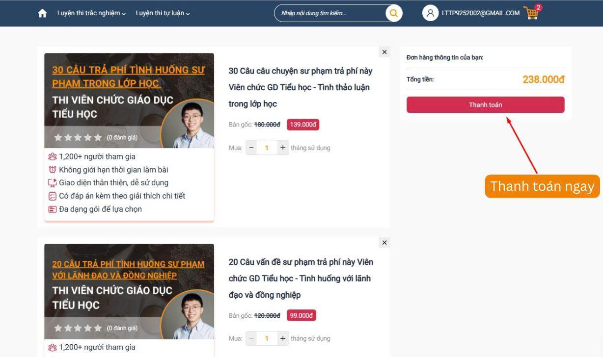 Thanh toán và kích hoạt gói ôn luyện tình huống sư phạm