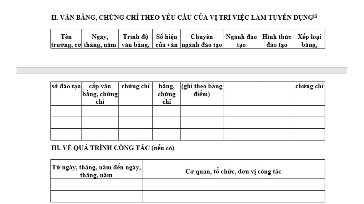 Cách điền mục văn bằng, chứng chỉ và quả trình công tác