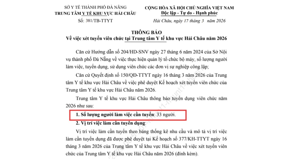 Thông báo chính thức về chỉ tiêu và các vị trí việc làm y tế Đà Nẵng